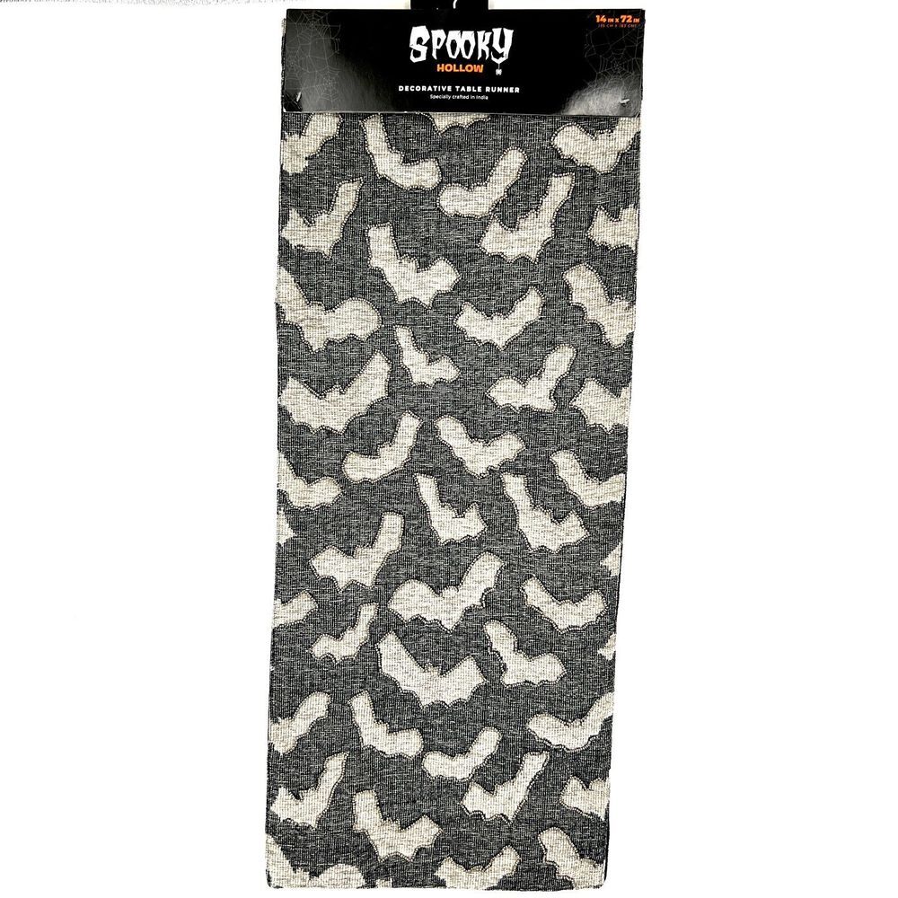 Table Runner 14" x 72" Halloween Bats Buffet Beaded Black Grey Spooky Hollow